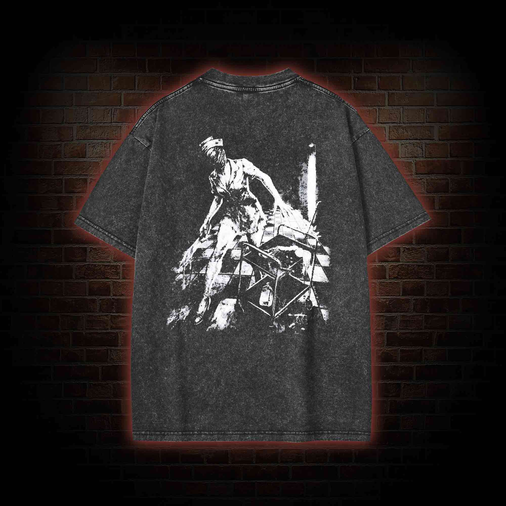 Retro Hello Nurse Back Print Washed T-shirt