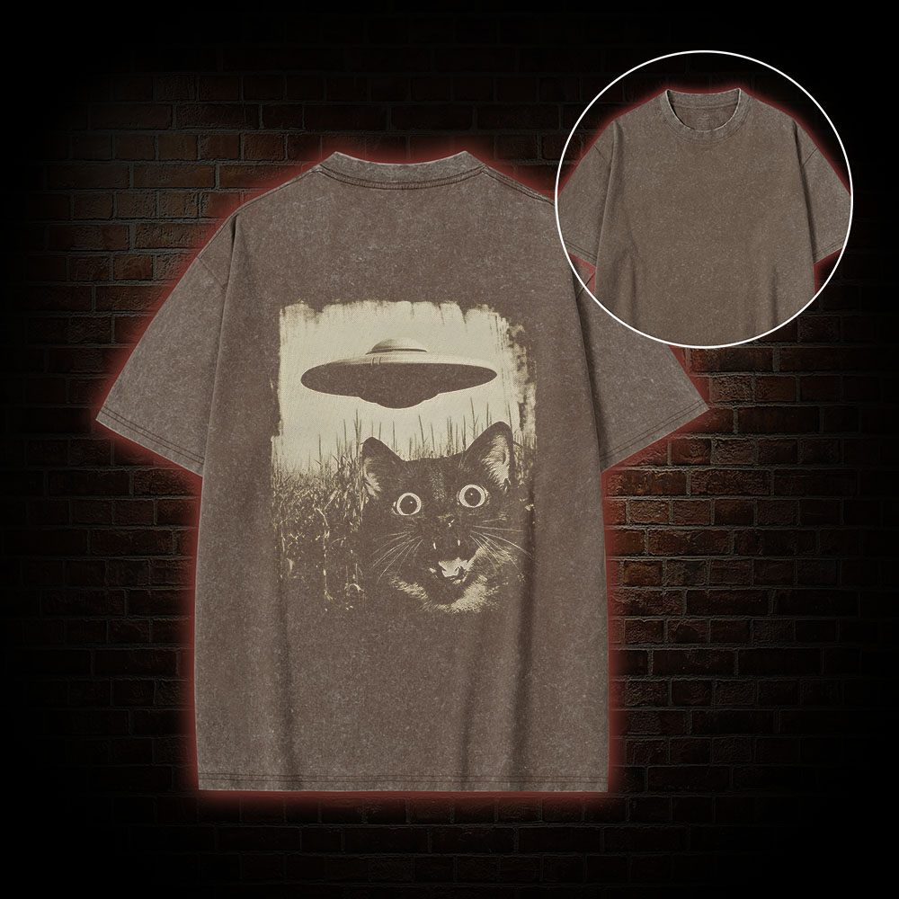 UFO & Cat Back Print Washed T-shirt