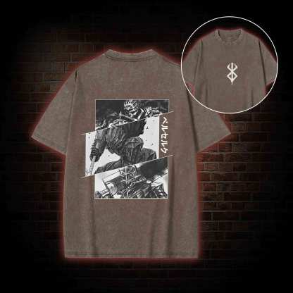 Black Swordsman Back Print Washed T-shirt