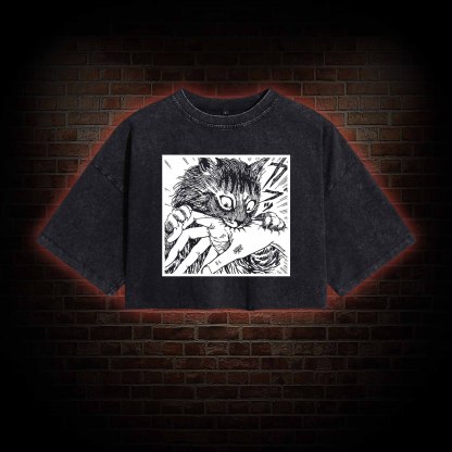 Tomie Cat Diary Anime Horror Washed Cropped T-shirts