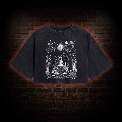 Celestial Cat Washed Cropped T-shirts
