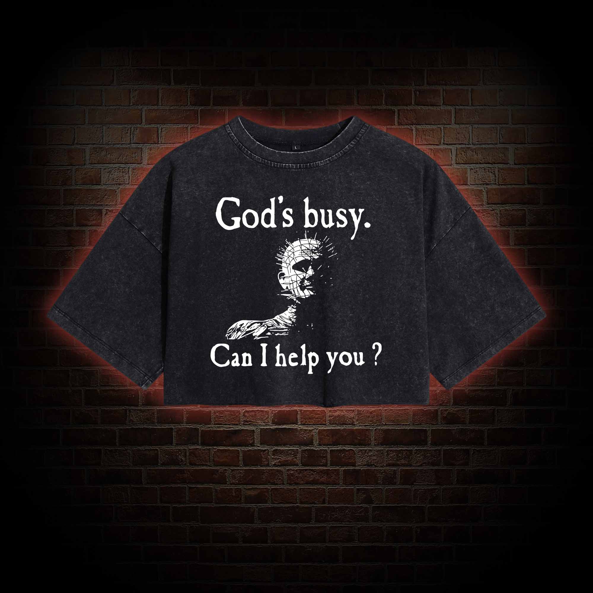 God's Busy Can I Help You Washed Cropped T-shirts