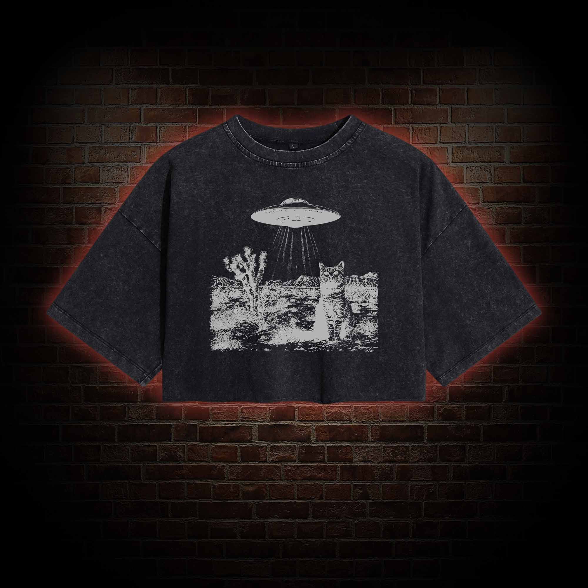 Ufo Cowboy Cat Washed Cropped T-shirts
