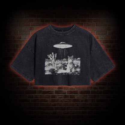 Ufo Cowboy Cat Washed Cropped T-shirts