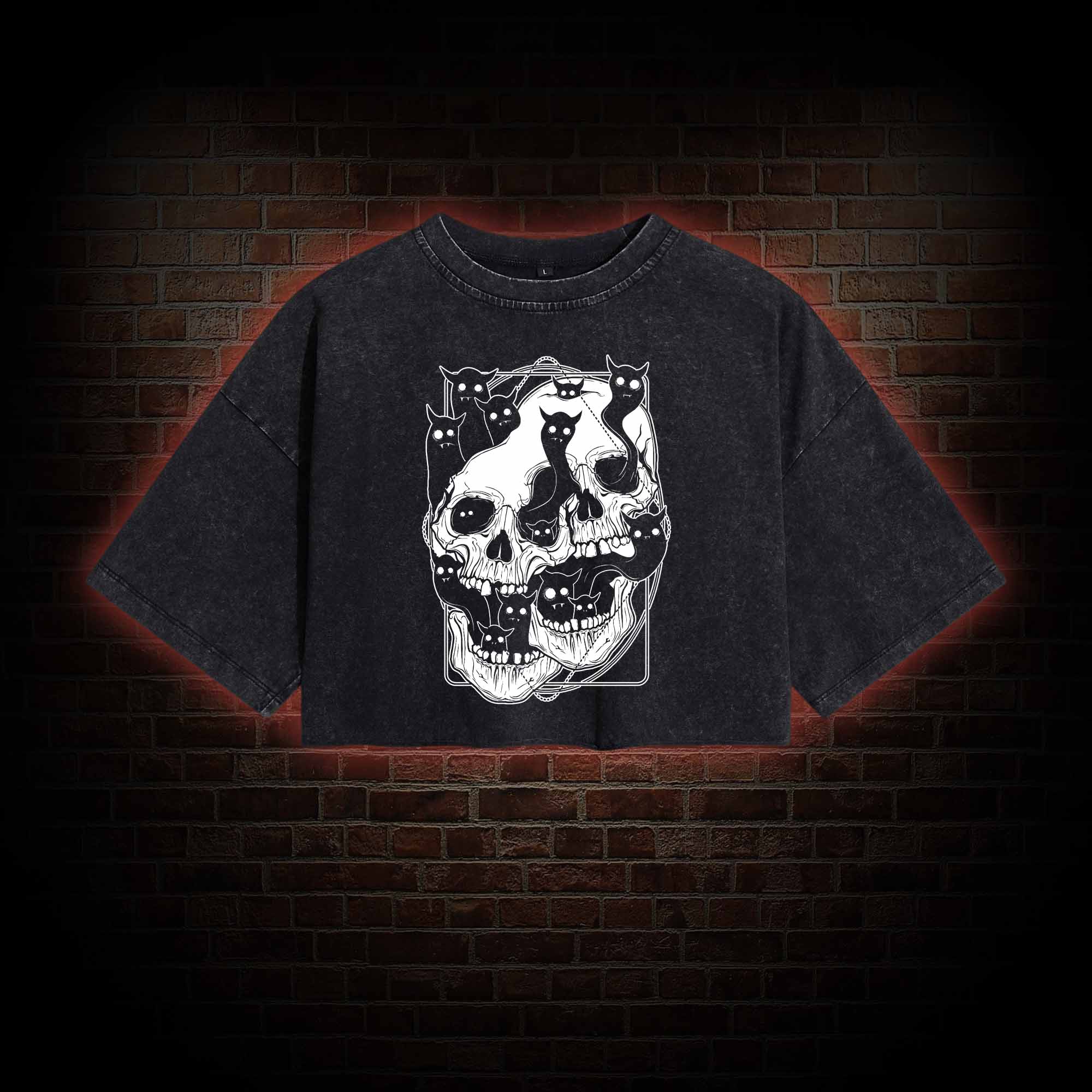 Cat Ghost Double Skull Washed Cropped T-shirts