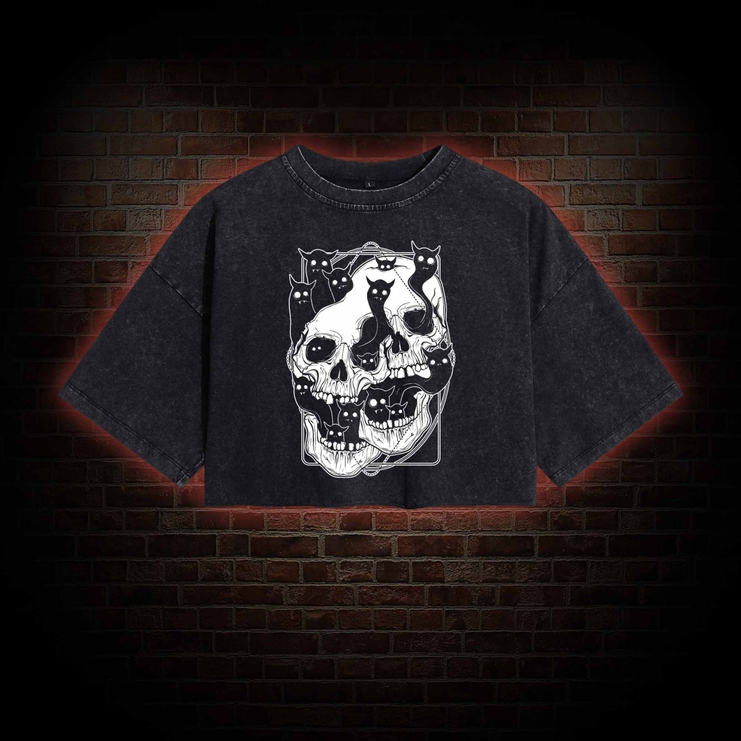 Cat Ghost Double Skull Washed Cropped T-shirts