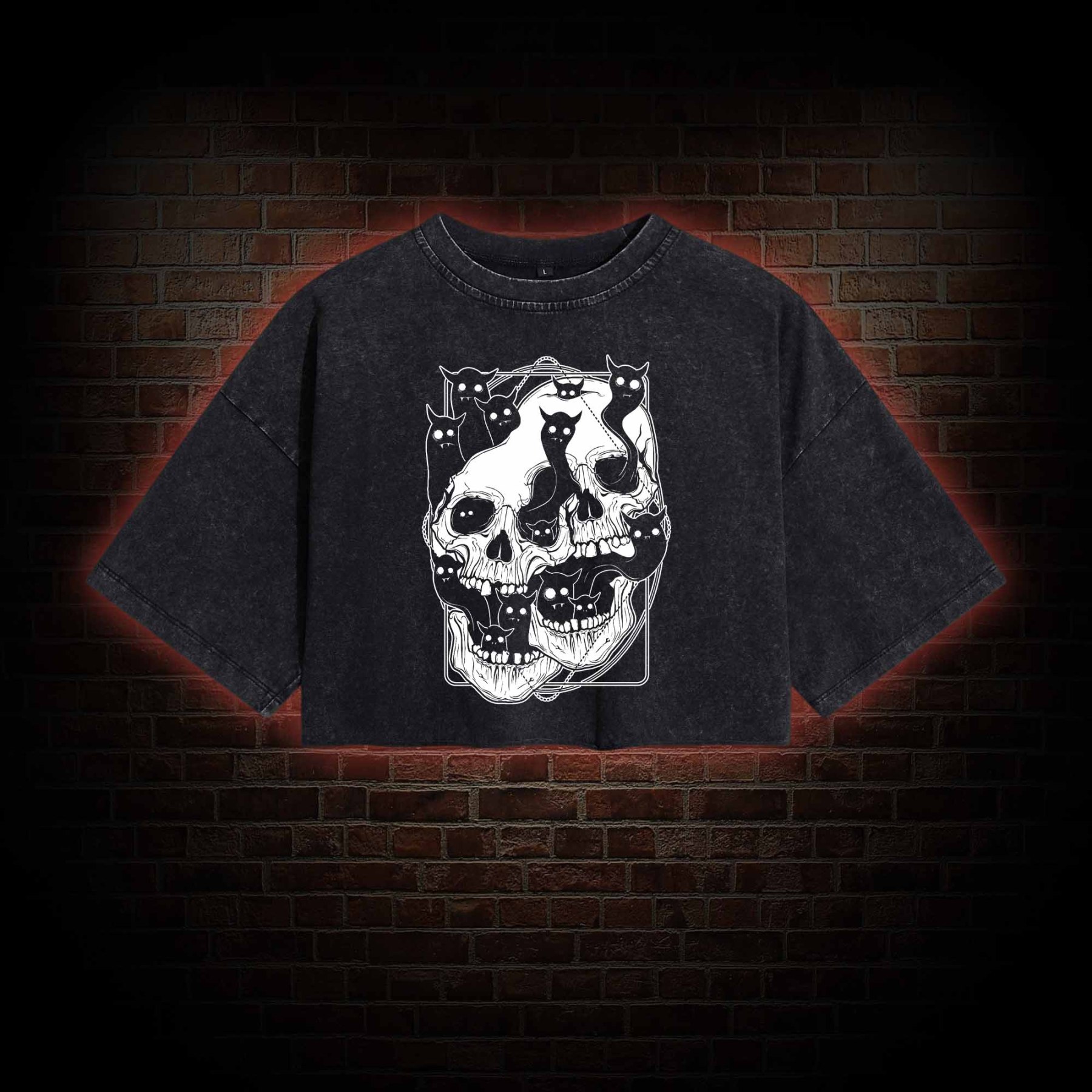 Cat Ghost Double Skull Washed Cropped T-shirts