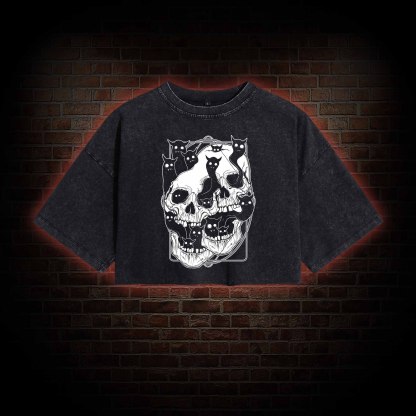 Cat Ghost Double Skull Washed Cropped T-shirts