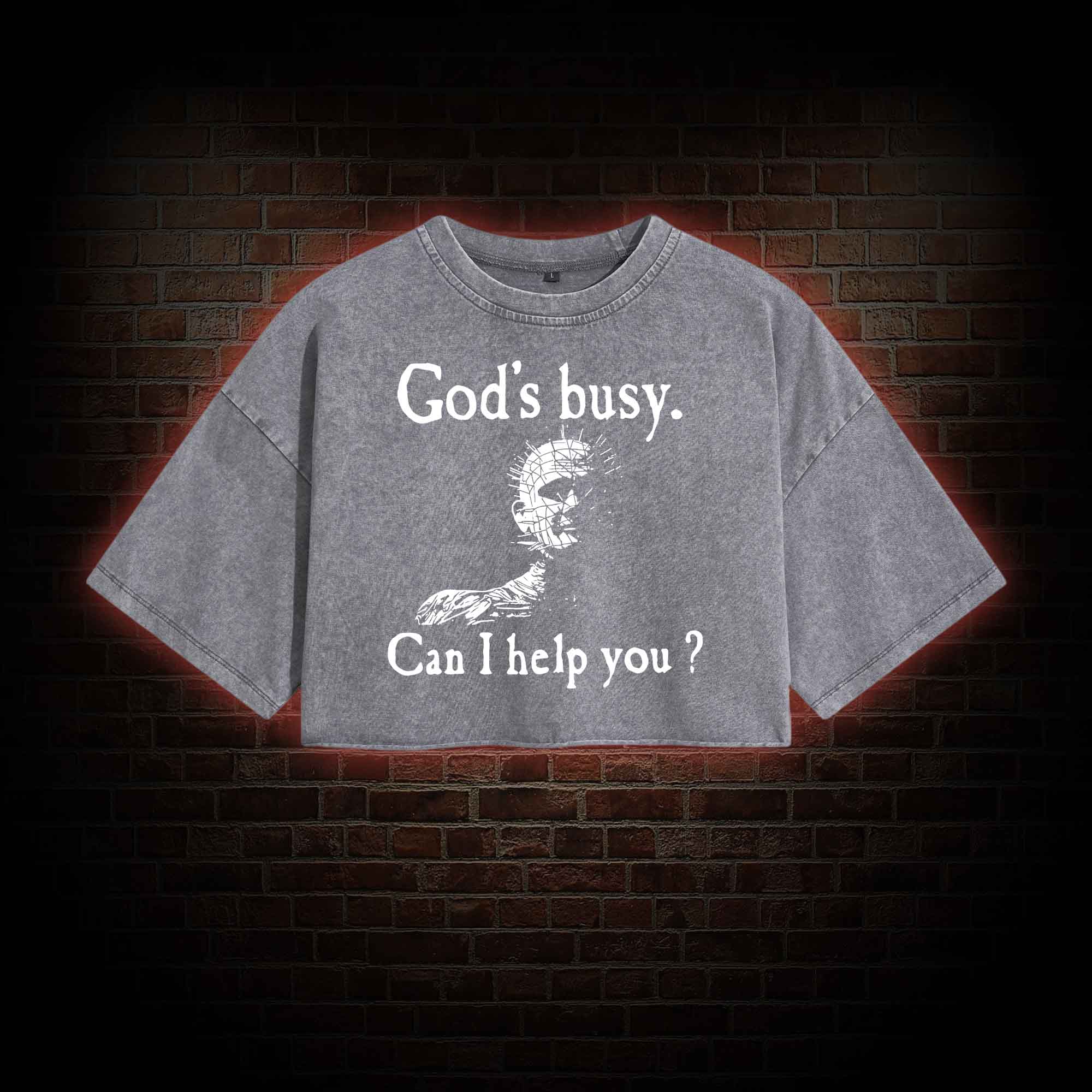 God's Busy Can I Help You Washed Cropped T-shirts