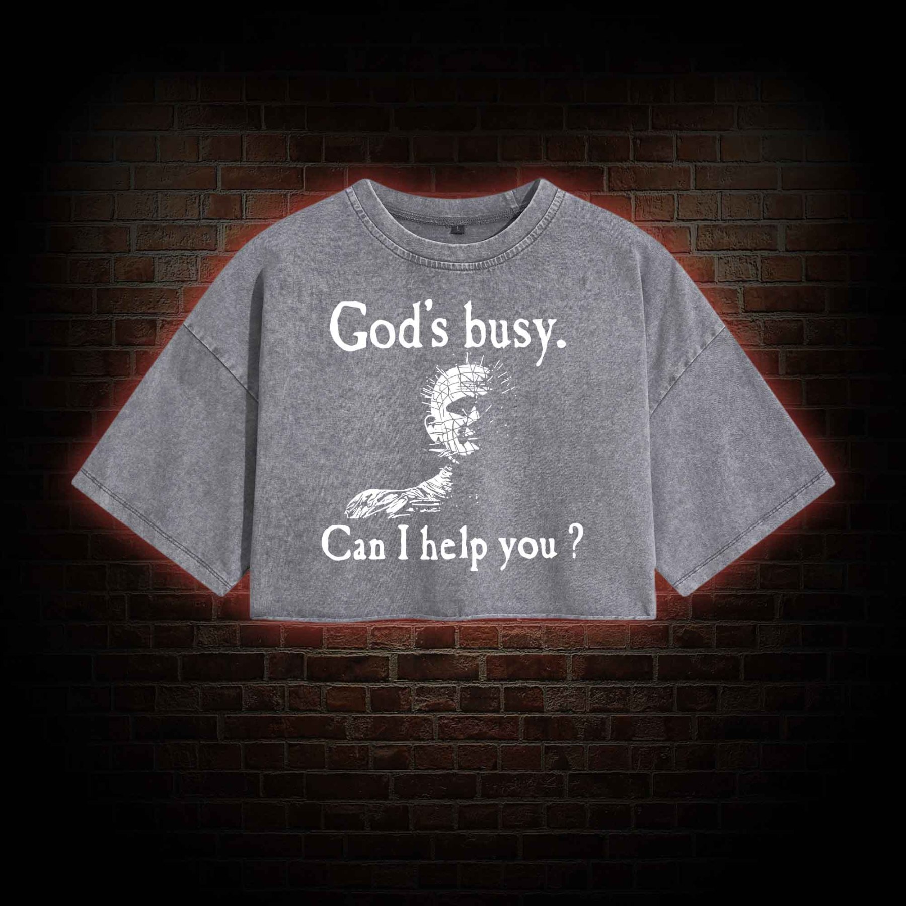 God's Busy Can I Help You Washed Cropped T-shirts