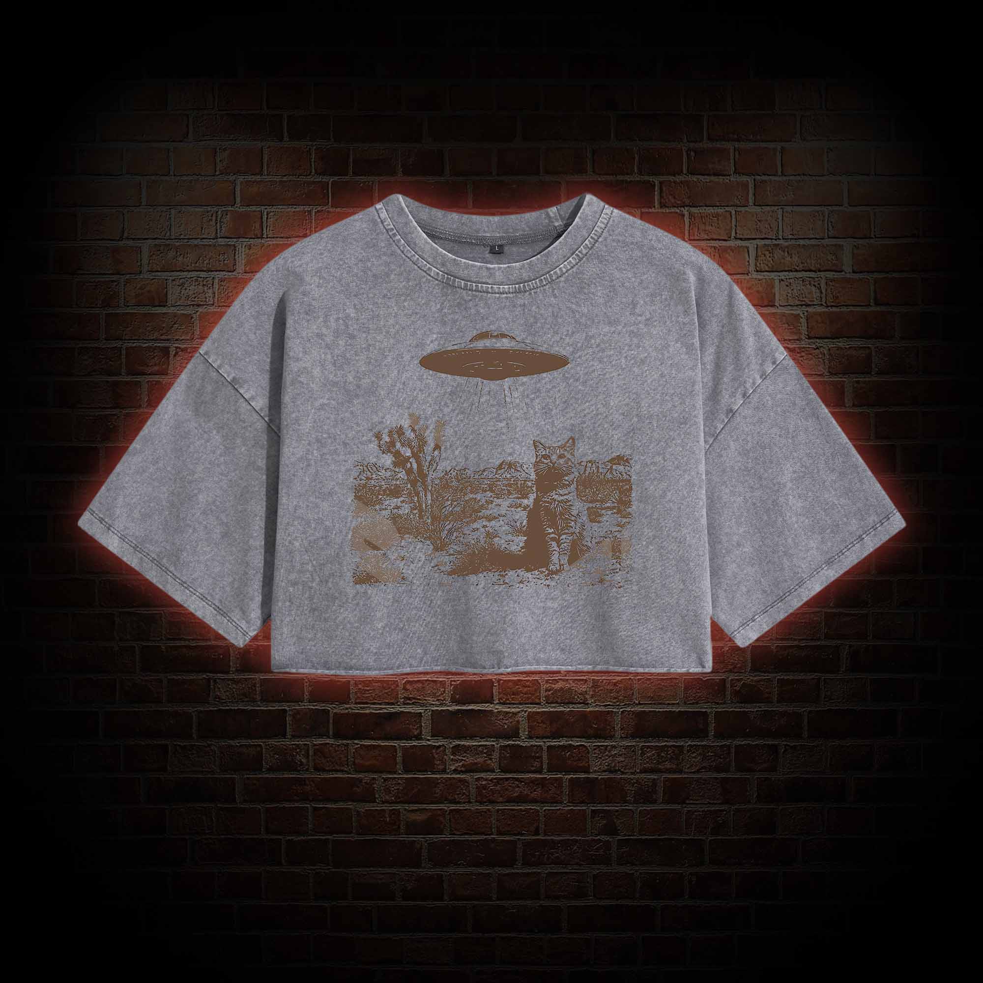 Ufo Cowboy Cat Washed Cropped T-shirts