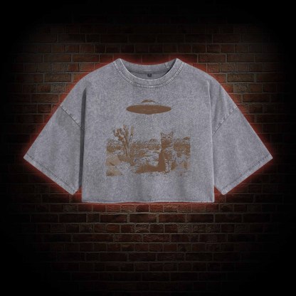 Ufo Cowboy Cat Washed Cropped T-shirts