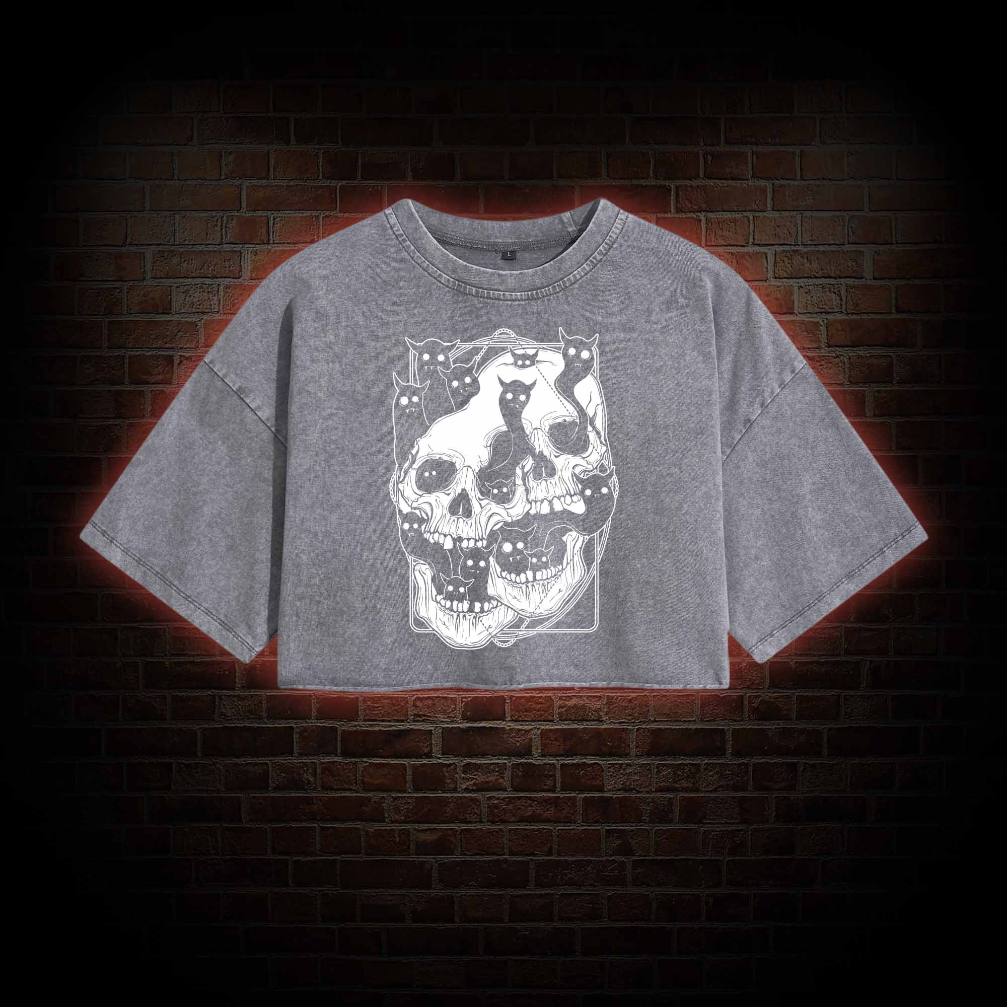 Cat Ghost Double Skull Washed Cropped T-shirts