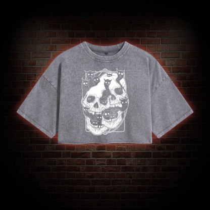 Cat Ghost Double Skull Washed Cropped T-shirts