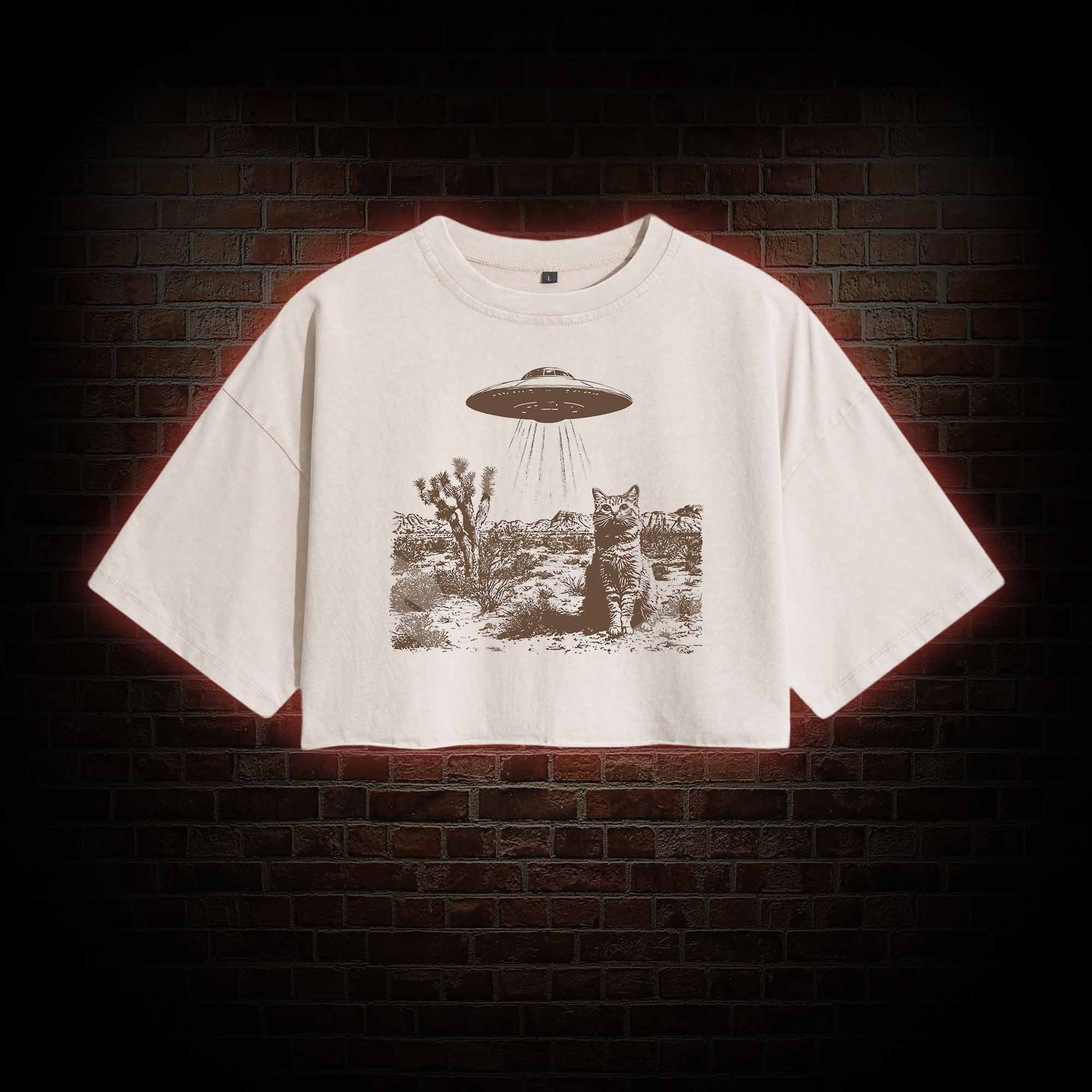 Ufo Cowboy Cat Washed Cropped T-shirts