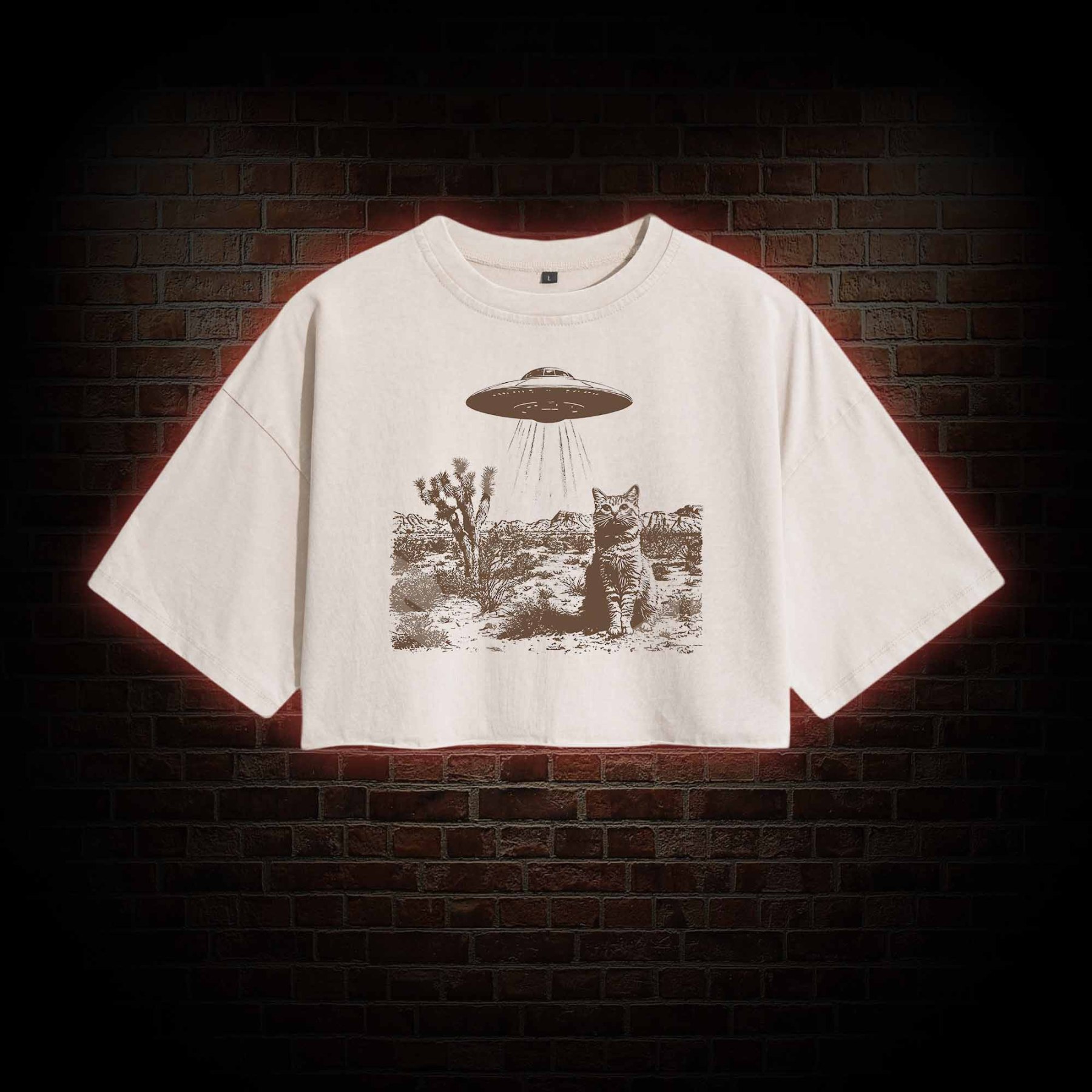 Ufo Cowboy Cat Washed Cropped T-shirts