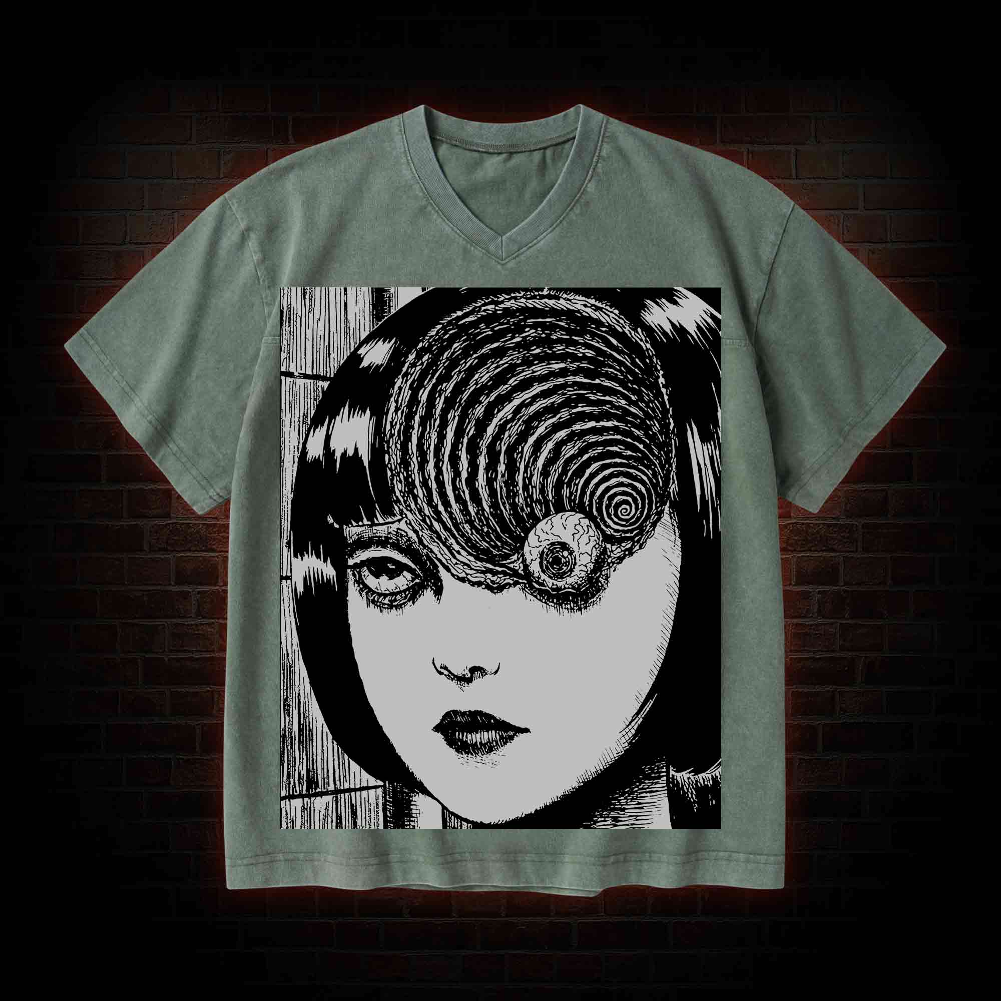 Horror Eyeball V-Neck Streetwear Washed T-shirt