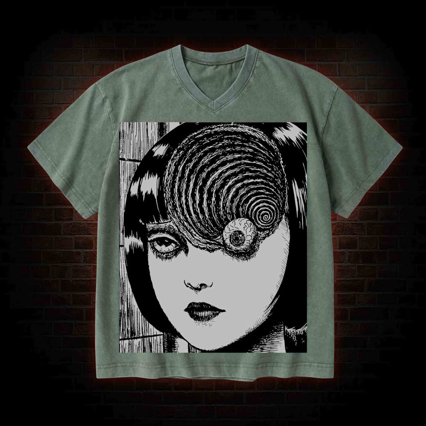 Horror Eyeball V-Neck Streetwear Washed T-shirt