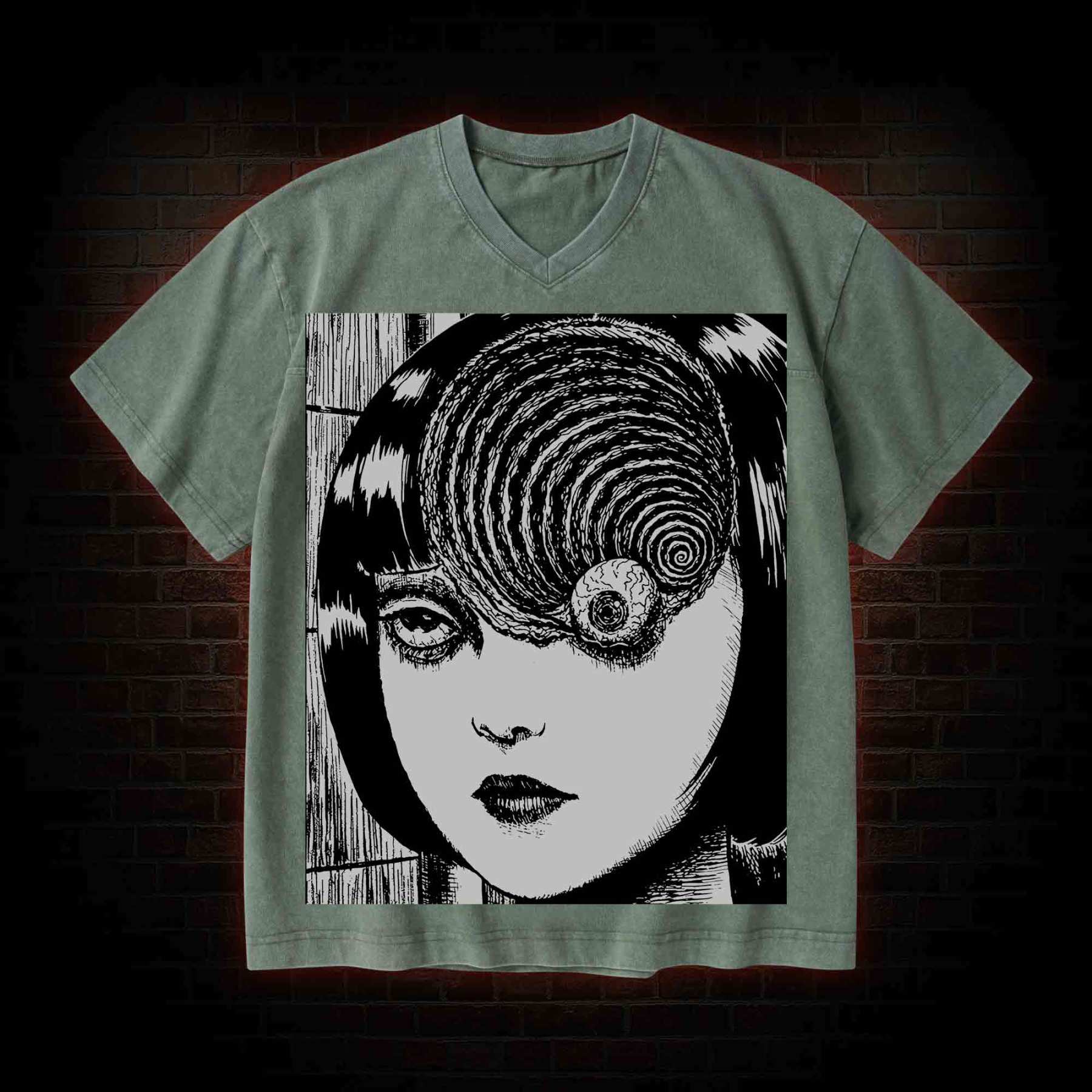 Horror Eyeball V-Neck Streetwear Washed T-shirt
