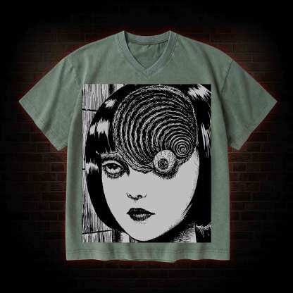 Horror Eyeball V-Neck Streetwear Washed T-shirt