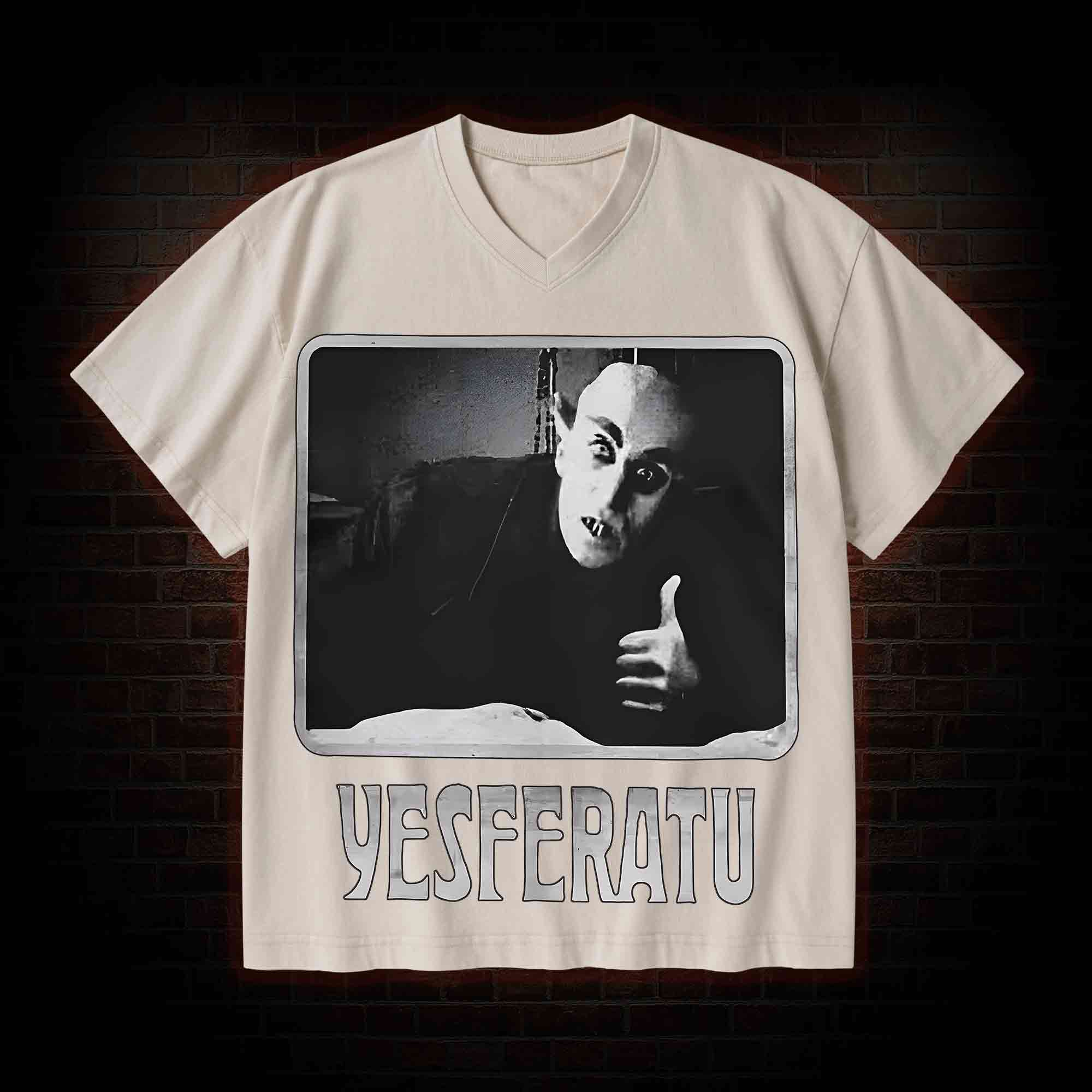 Yesferatu Funny Horror Retro V-Neck Streetwear Washed T-shirt
