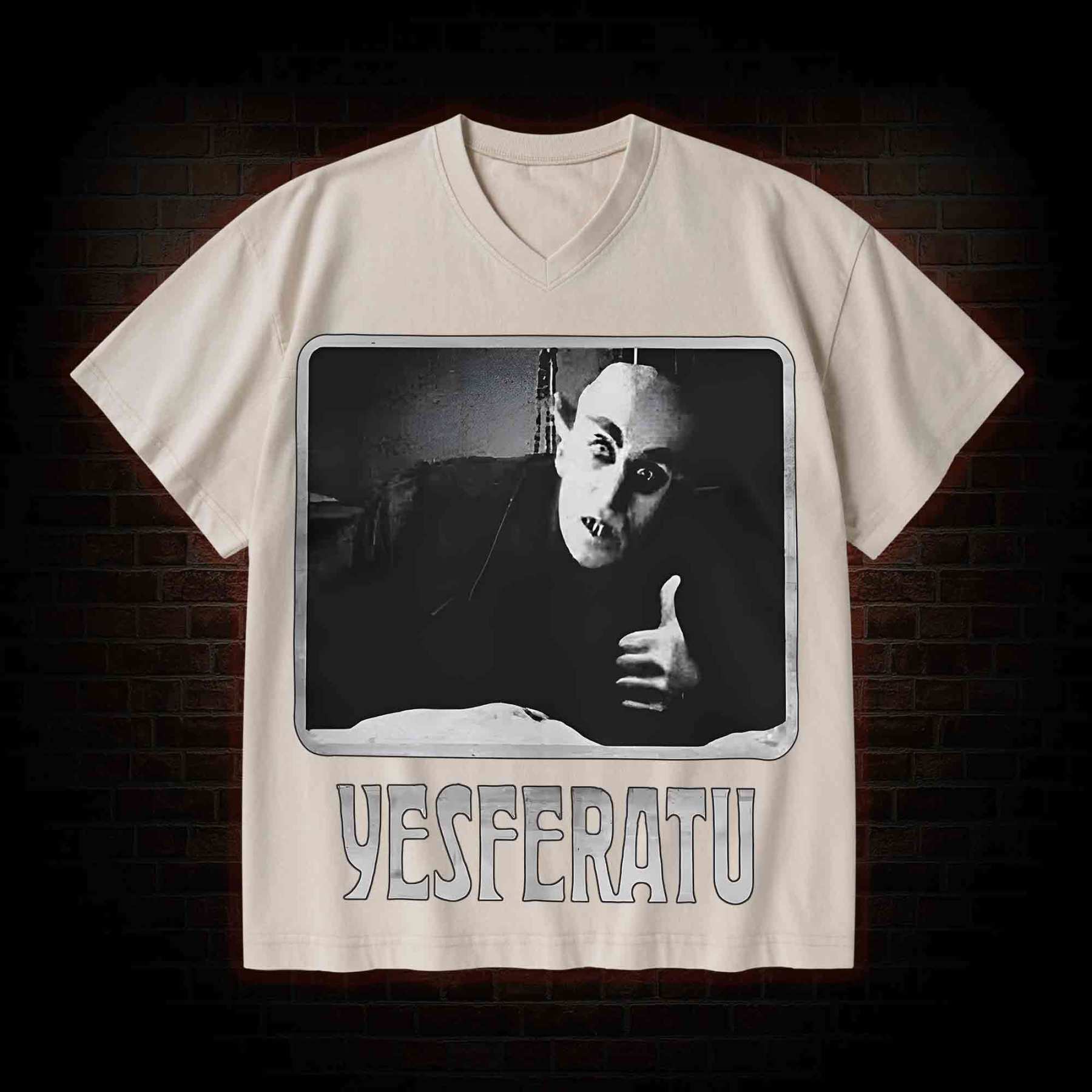 Yesferatu Funny Horror Retro V-Neck Streetwear Washed T-shirt