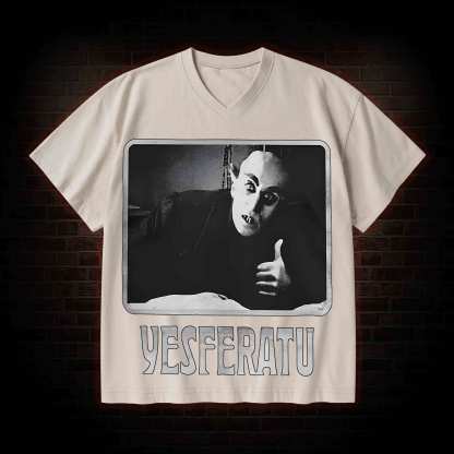 Yesferatu Funny Horror Retro V-Neck Streetwear Washed T-shirt
