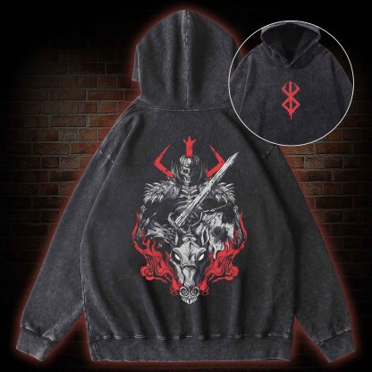Skull Knight Back Print Back Print Washed Hoodie