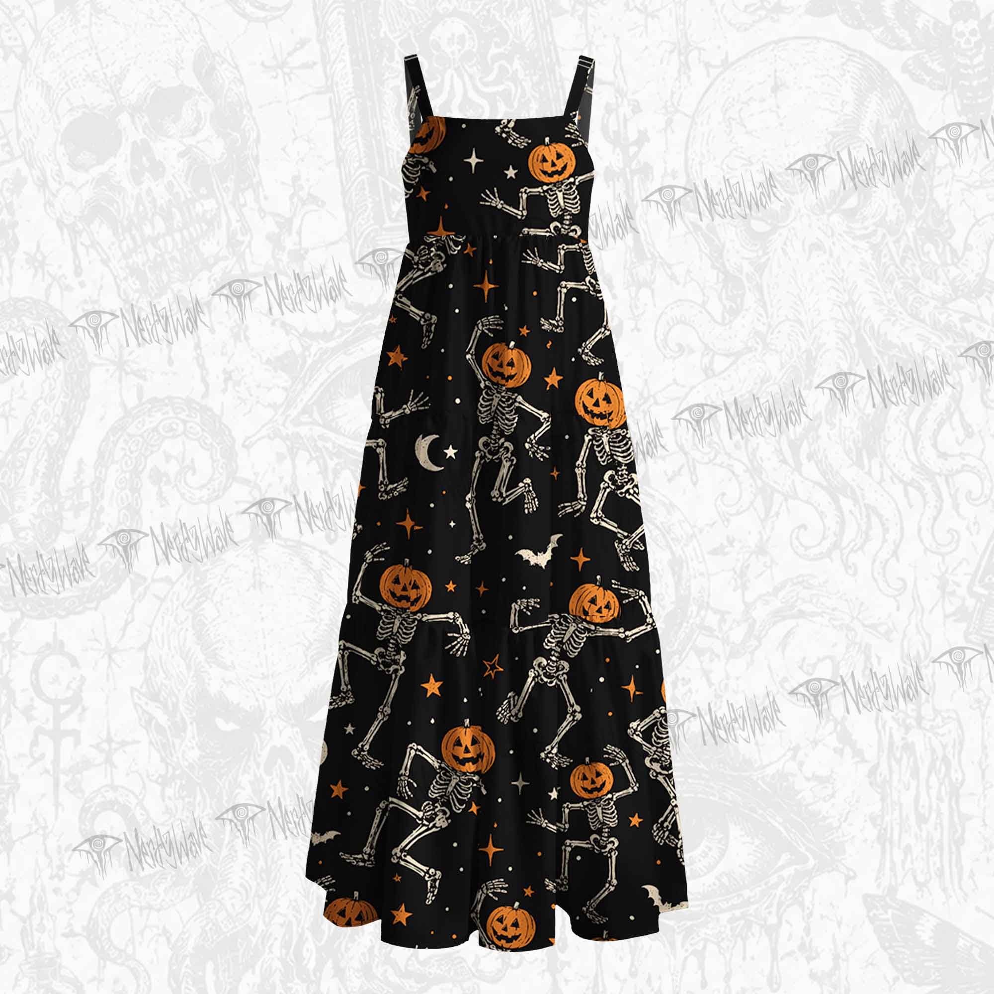 Dancing Pumpkin Skeleton Wide Straps Maxi Dress