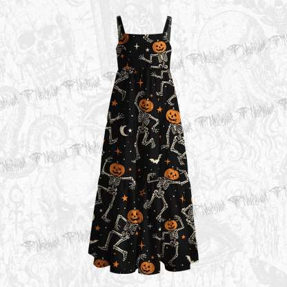 Dancing Pumpkin Skeleton Wide Straps Maxi Dress