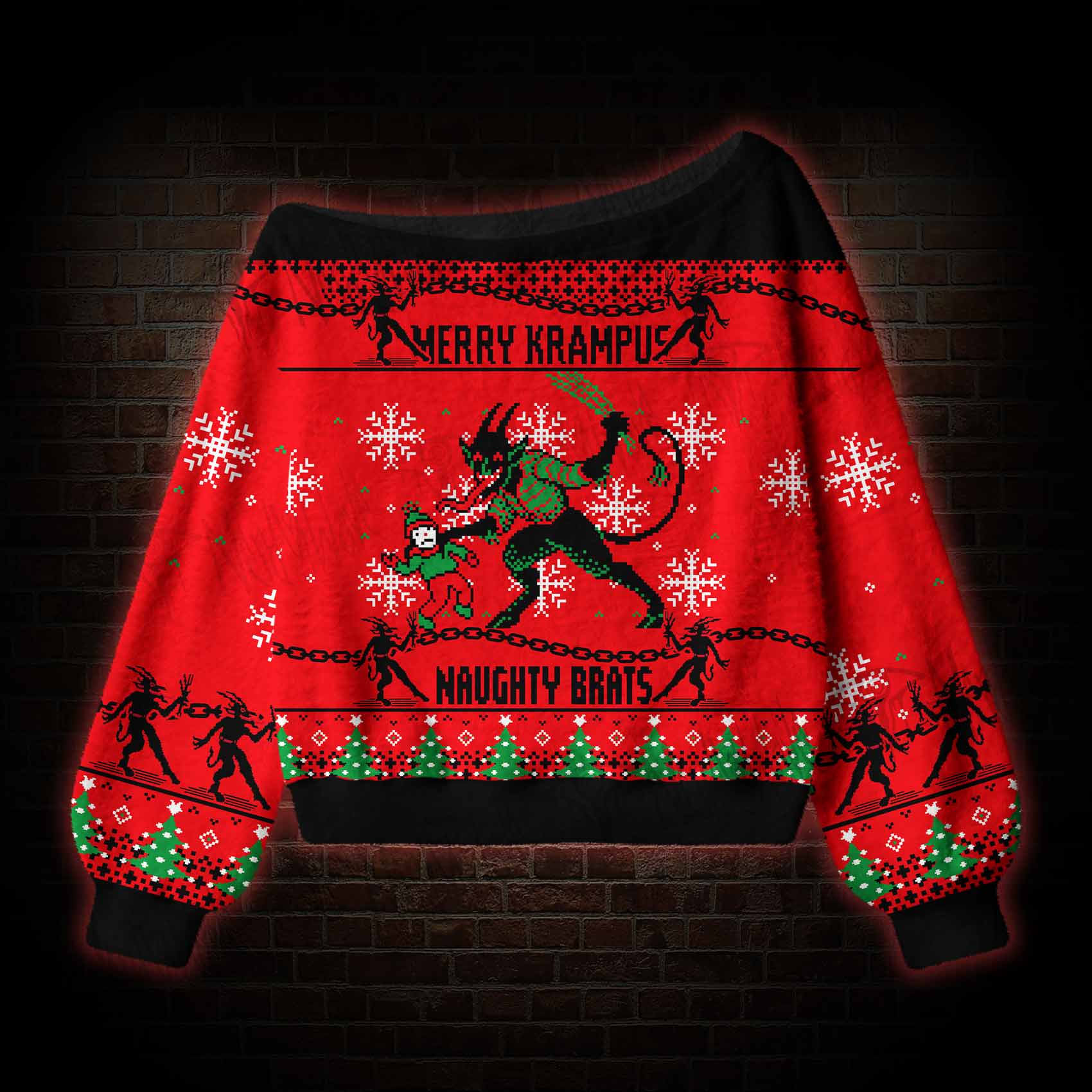 Merry Krampus Naughty Brats Off Shoulder Ugly Sweater