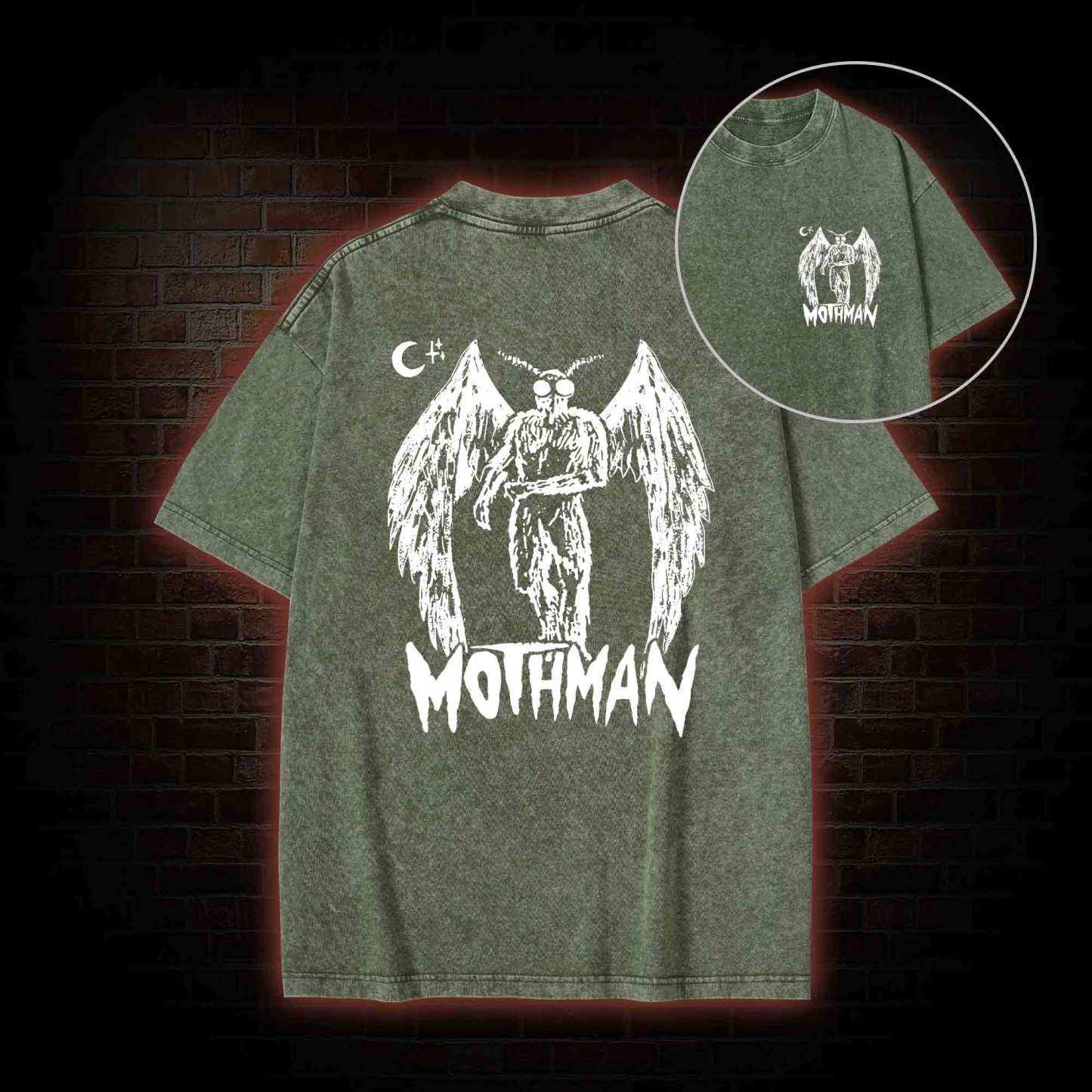 Mothman Bcak Print Washed T-shirt