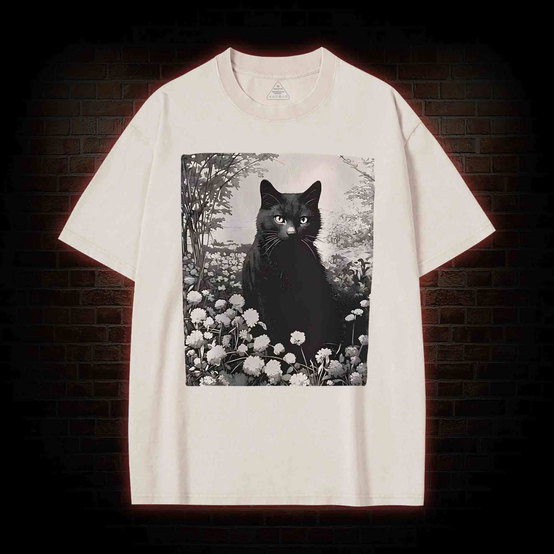 Black Cat in Garden Washed T-shirt