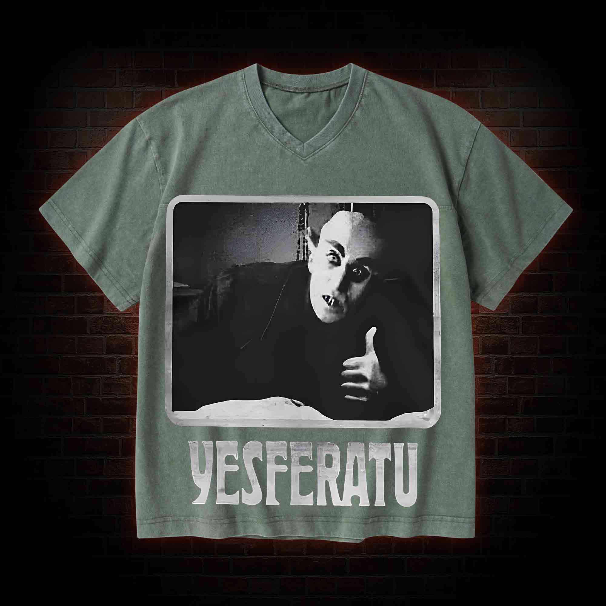 Yesferatu Funny Horror Retro V-Neck Streetwear Washed T-shirt