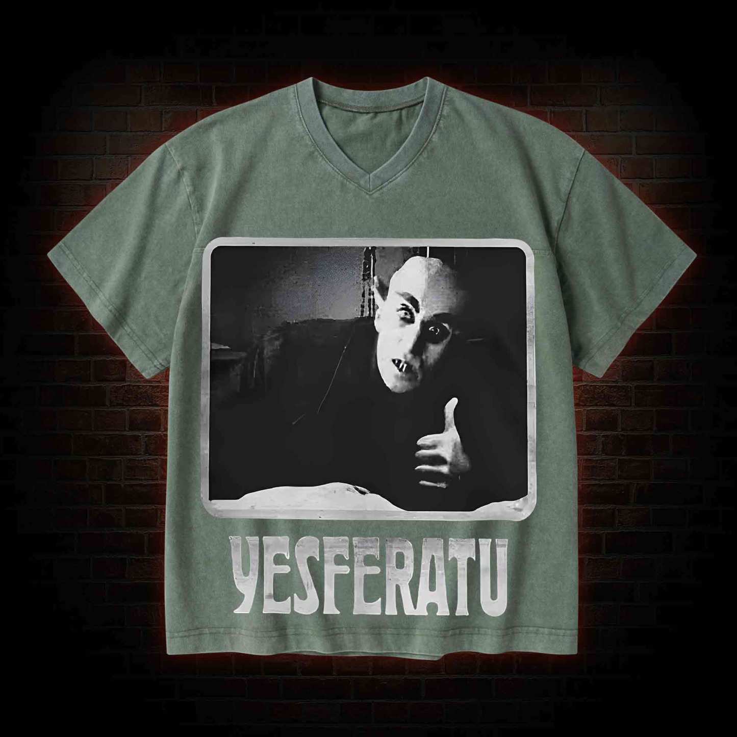 Yesferatu Funny Horror Retro V-Neck Streetwear Washed T-shirt