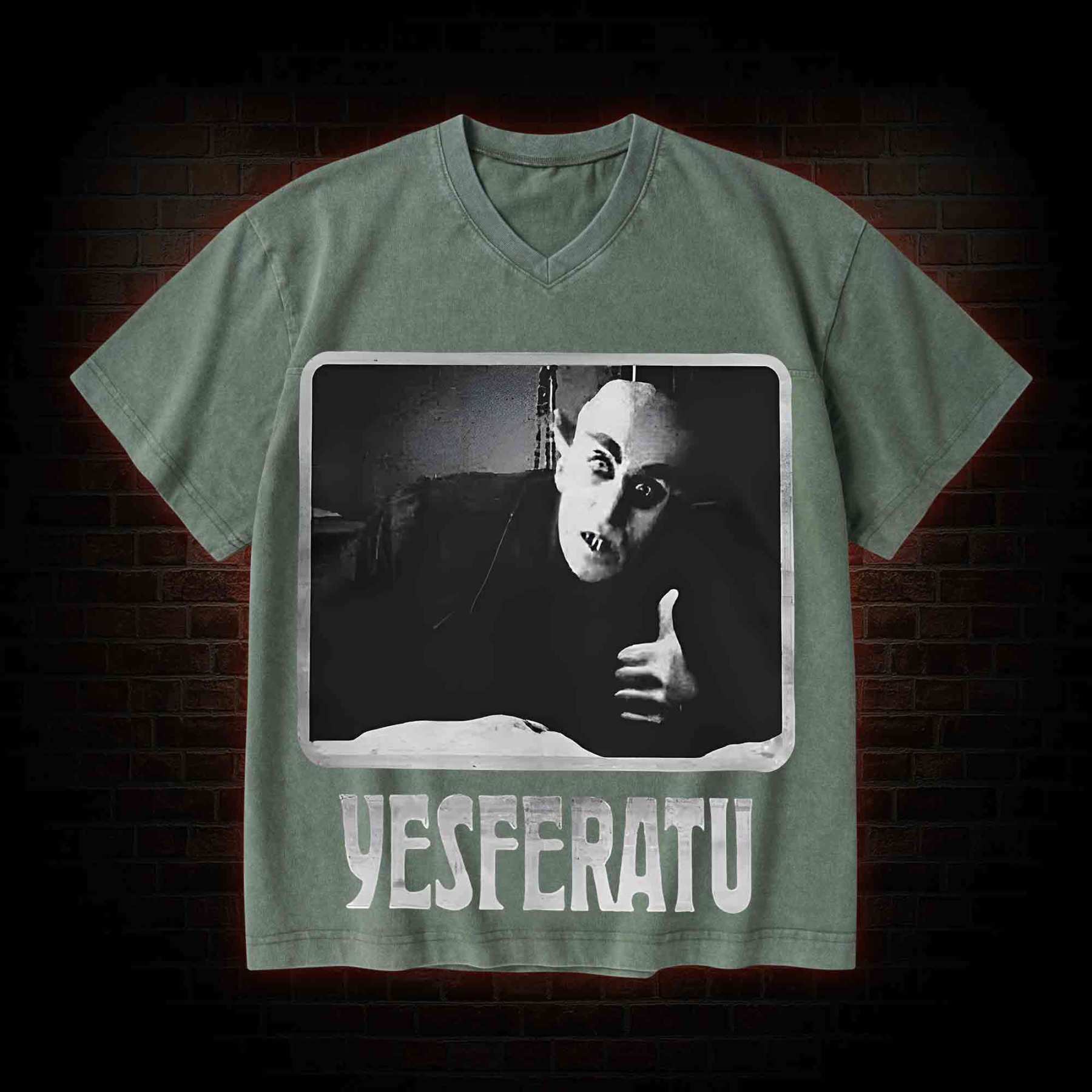 Yesferatu Funny Horror Retro V-Neck Streetwear Washed T-shirt