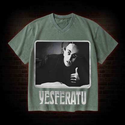 Yesferatu Funny Horror Retro V-Neck Streetwear Washed T-shirt
