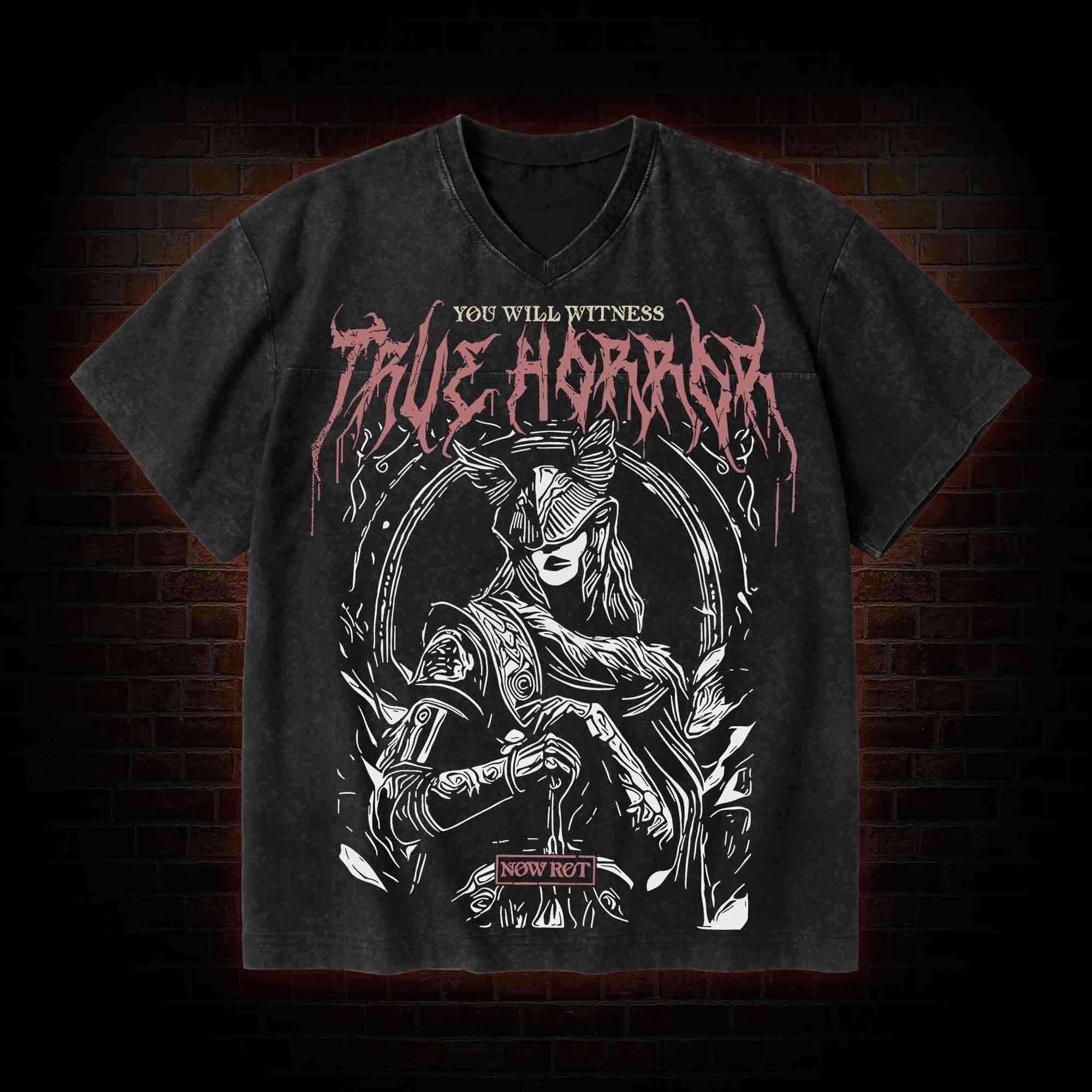 True Horror V-Neck Streetwear Washed T-shirt