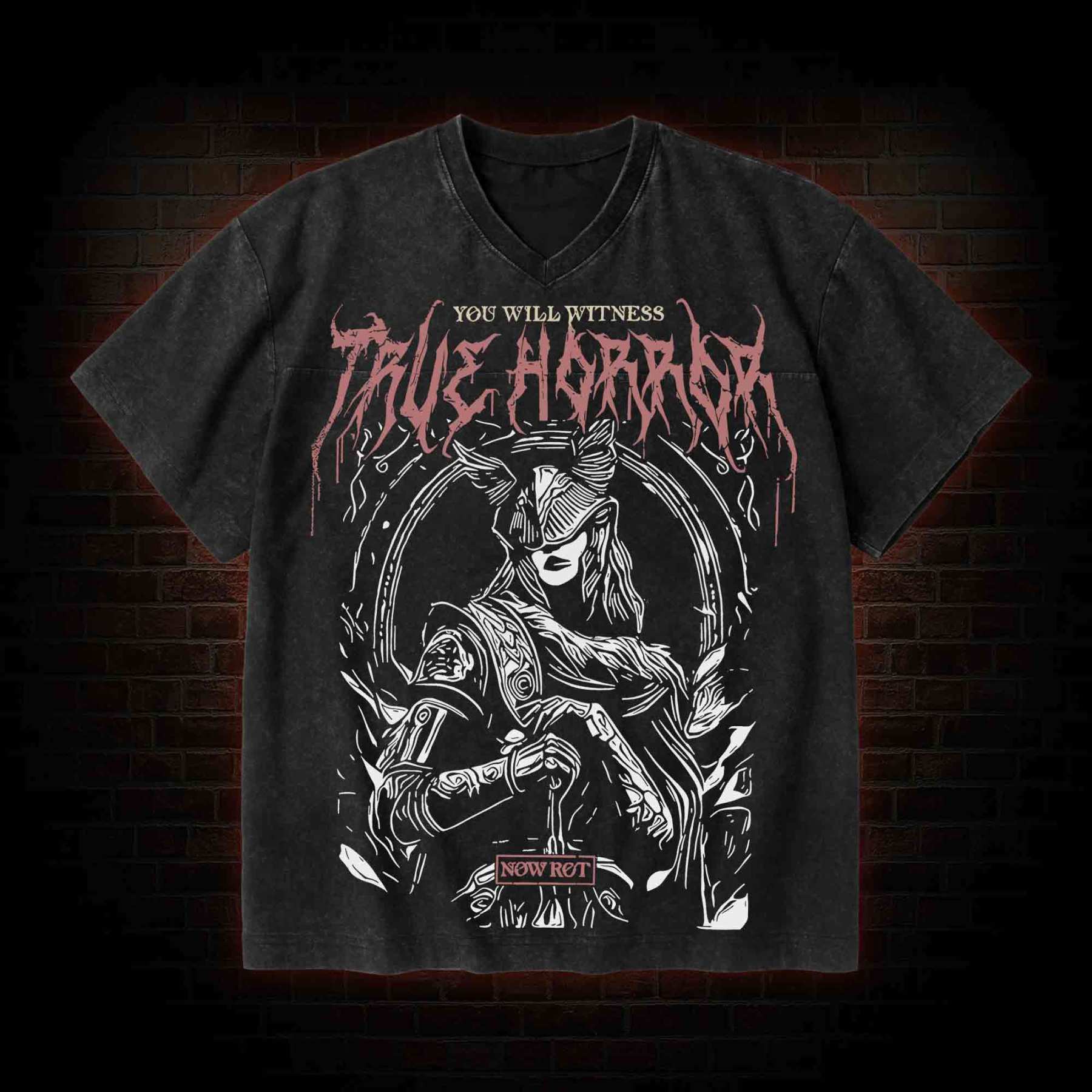True Horror V-Neck Streetwear Washed T-shirt