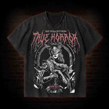 True Horror V-Neck Streetwear Washed T-shirt