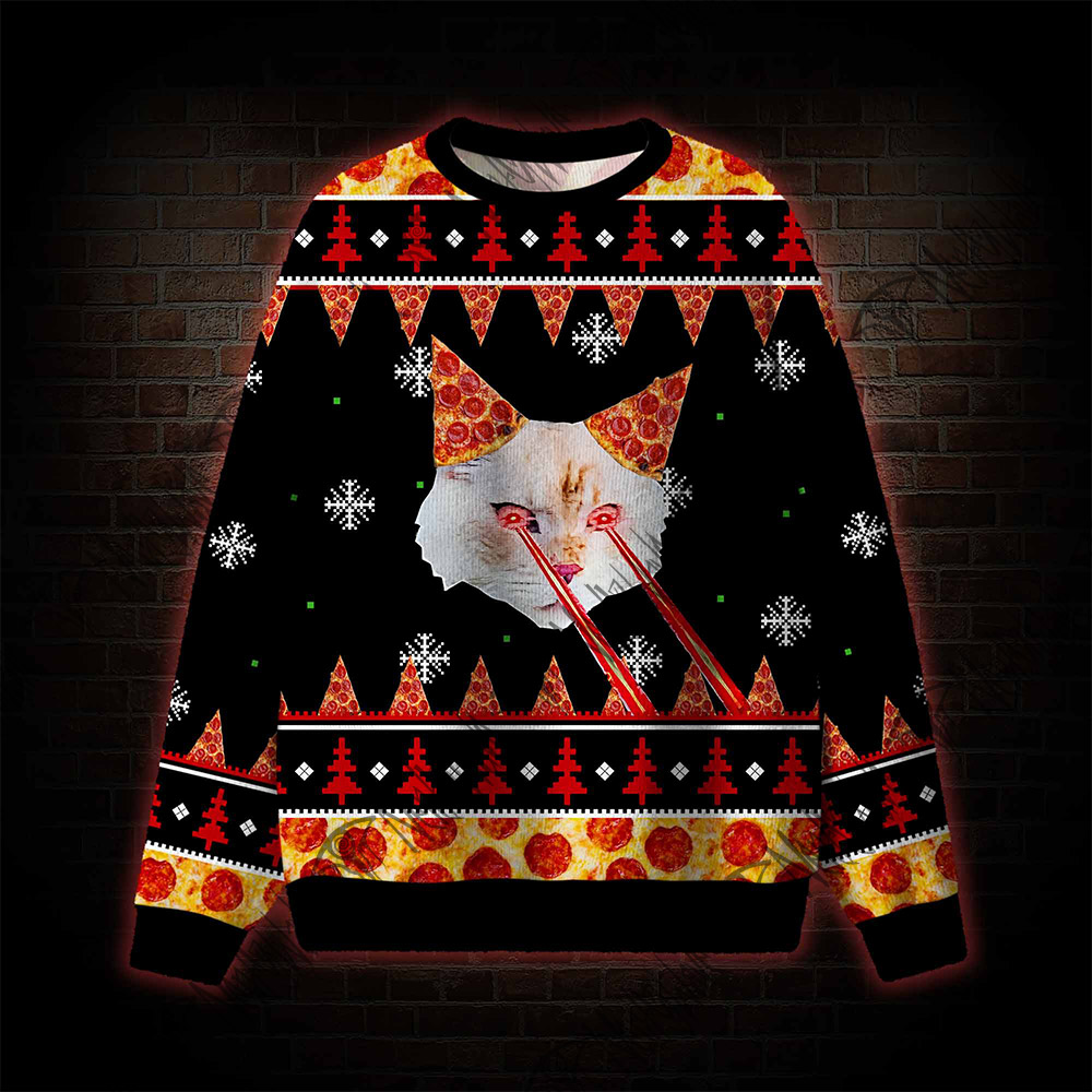 Pizza Cat With Laser Eyes Ugly Sweatshirts