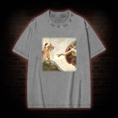 Cat God Creation of Adam Washed T-shirt