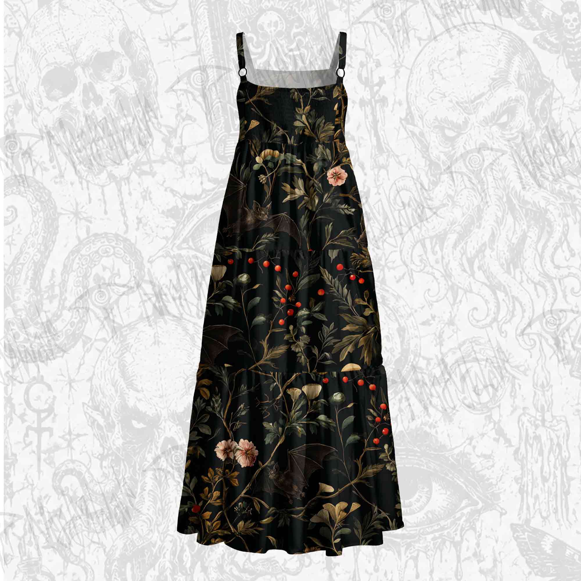 Vintage Botanical Bat Vine Floral Wide Straps Maxi Dress