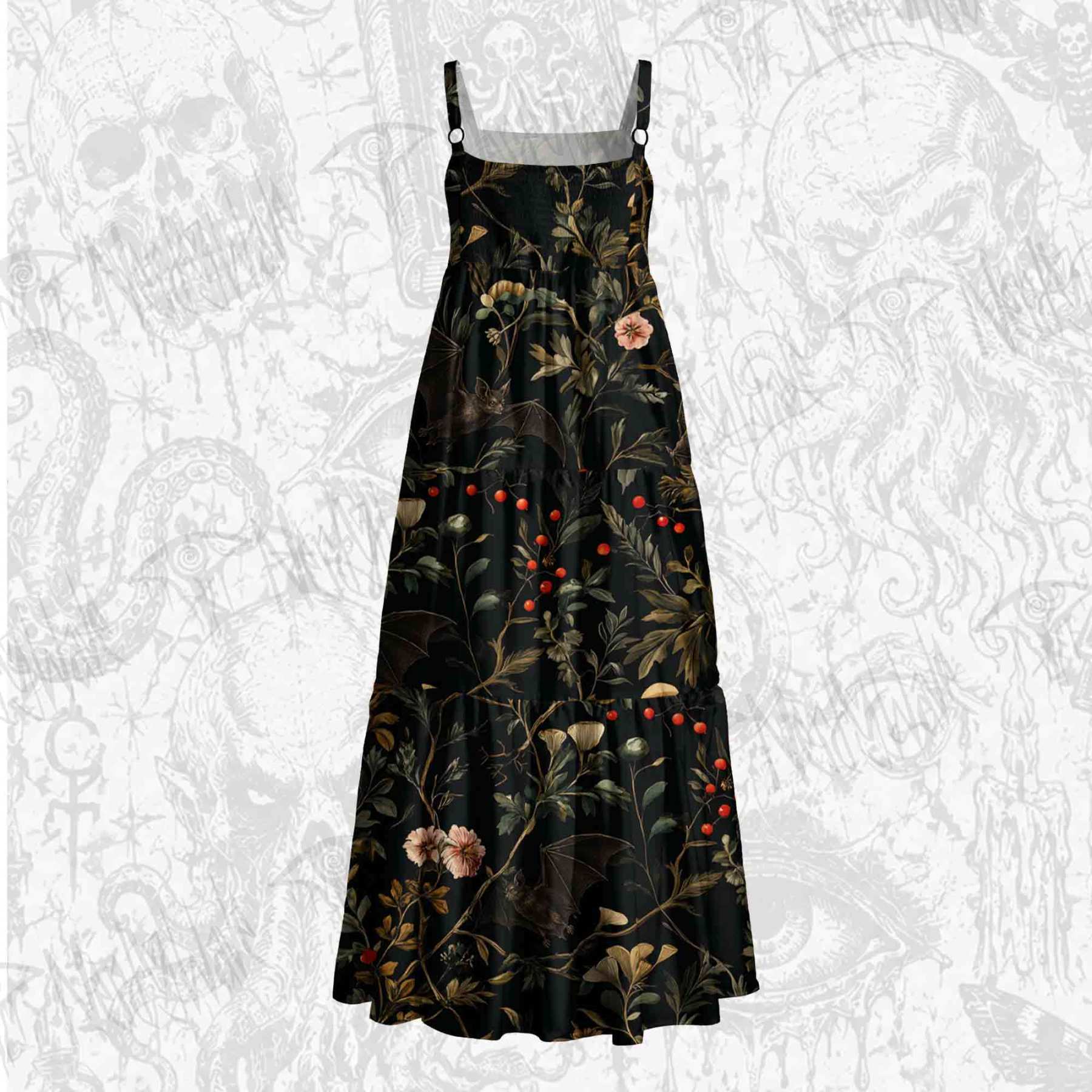 Vintage Botanical Bat Vine Floral Wide Straps Maxi Dress