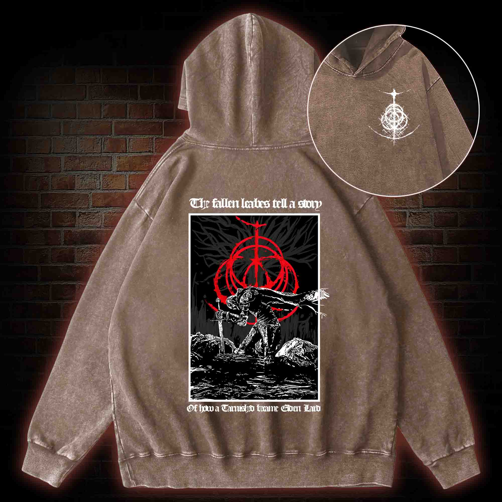 The Fallen Leaves Tell a Story Back Print Washed Hoodie