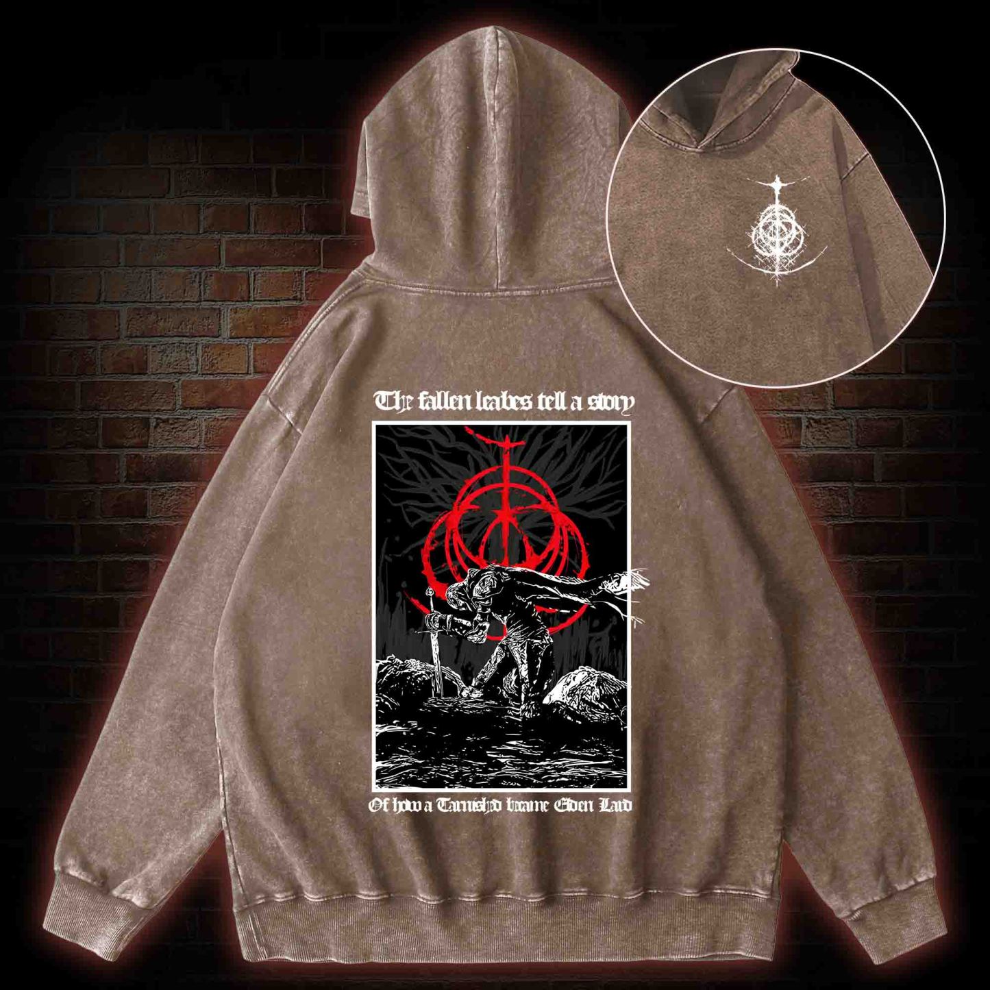 The Fallen Leaves Tell a Story Back Print Washed Hoodie