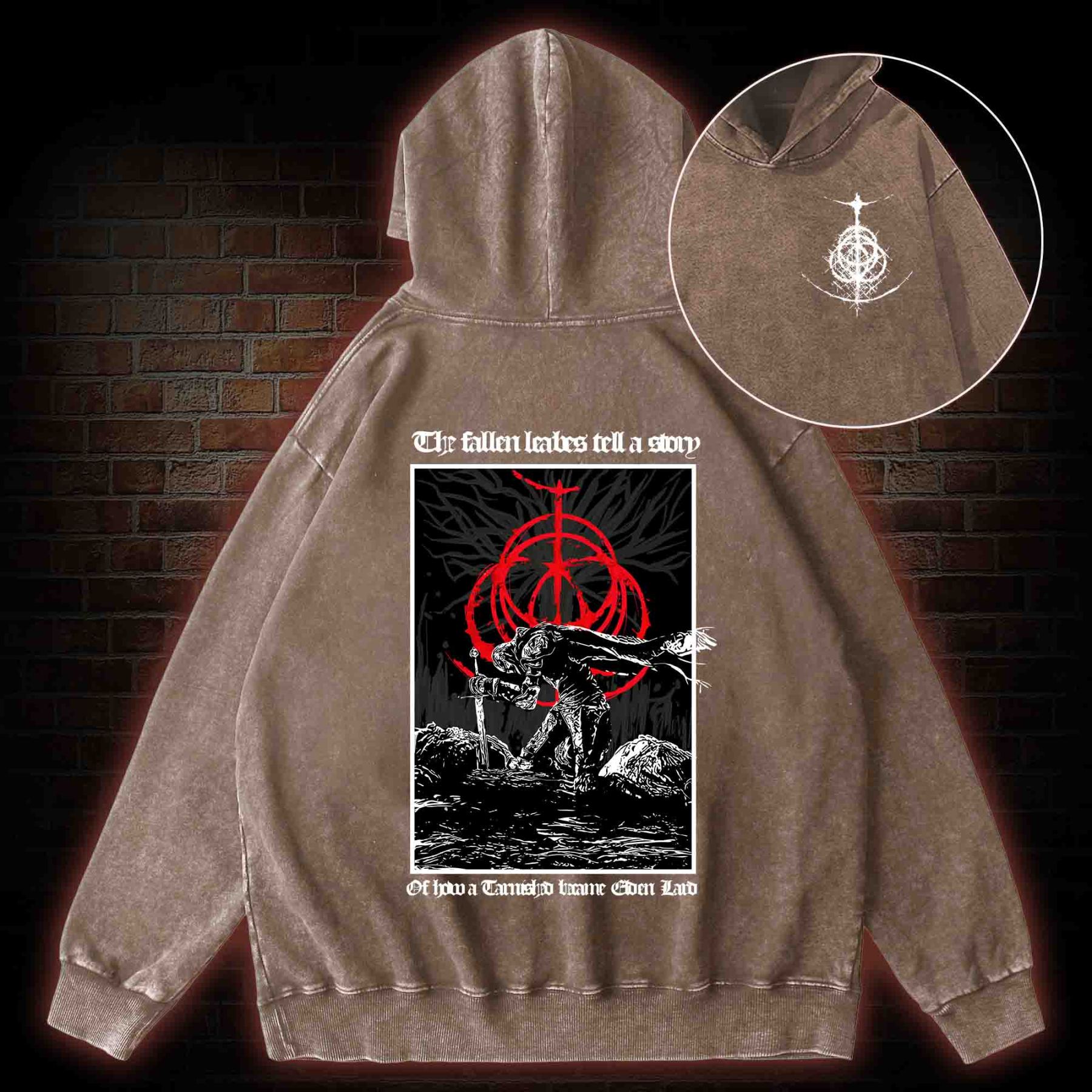 The Fallen Leaves Tell a Story Back Print Washed Hoodie