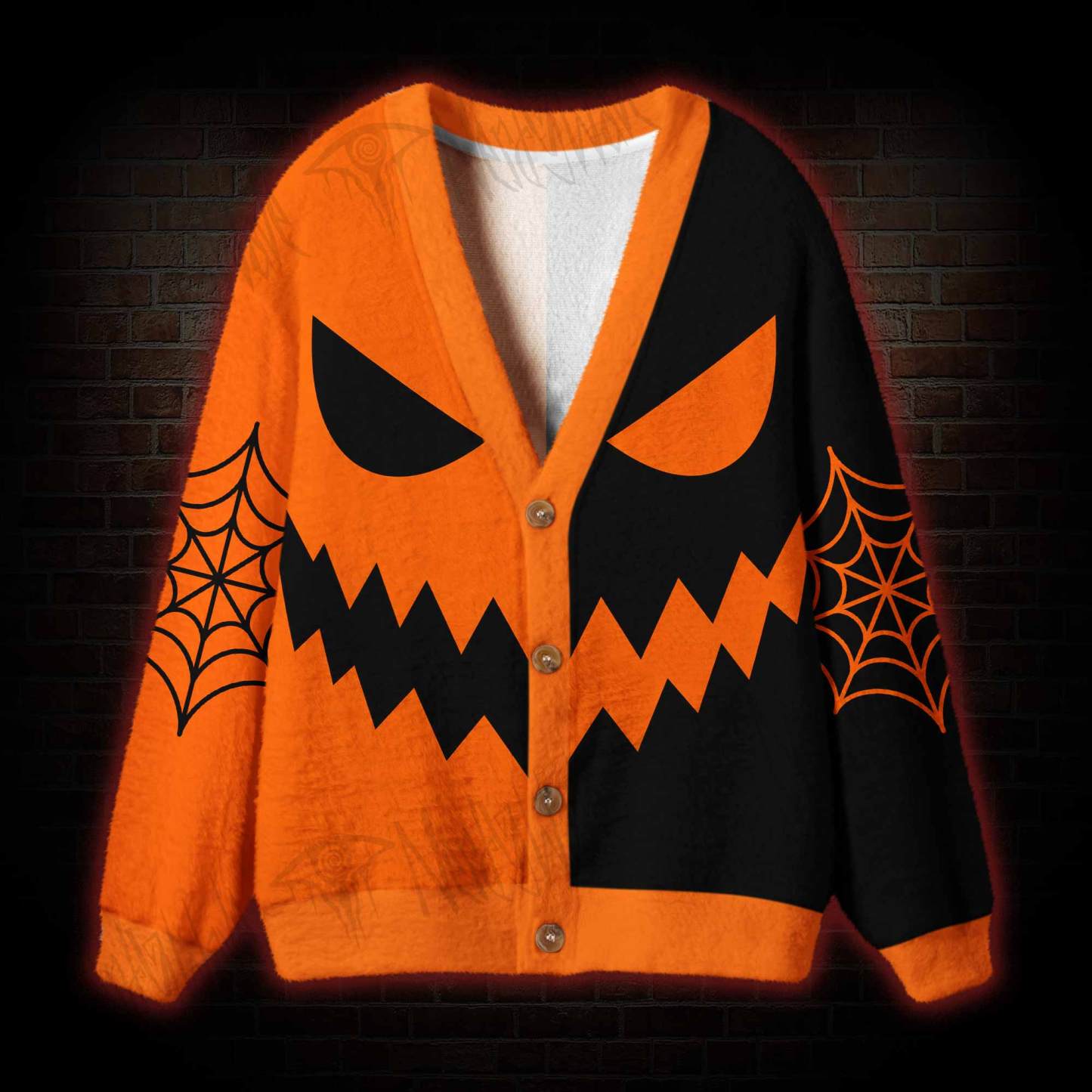 Split Face Pumpkin Demon Cardigan Sweater