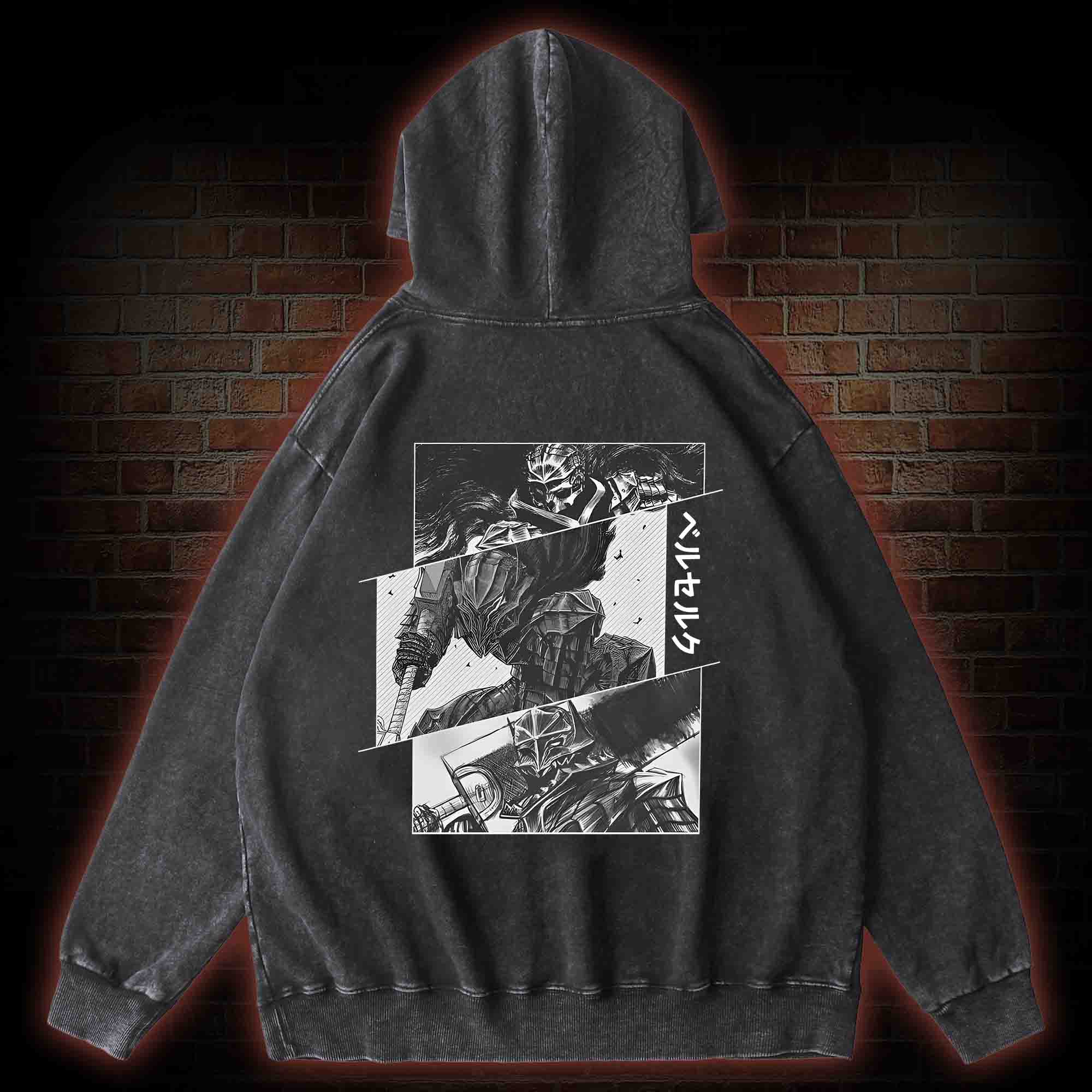 Black Swordsman Back Print Washed Hoodie