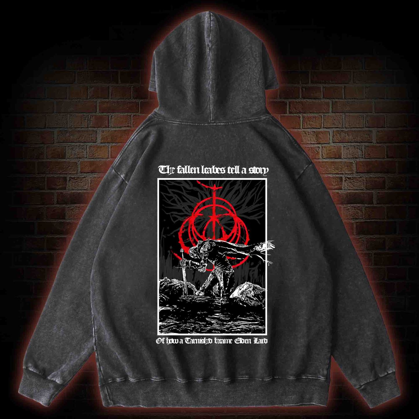 The Fallen Leaves Tell a Story Back Print Washed Hoodie